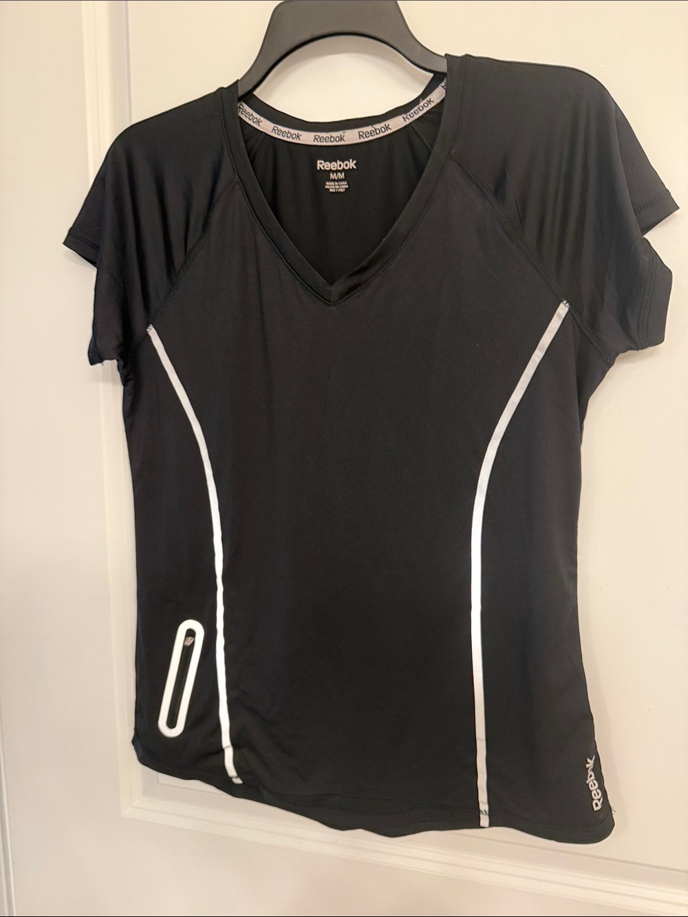 Reebok Black Short-Sleeve V-Neck Athletic Tee with Silver Reflective Trim